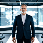A professional male leader, embodying visionary digital transformation expertise, stands confidently in a futuristic, minimalistic office setting. He is wearing a modest, dark business suit with a light-colored shirt, fully clothed, appropriate attire, professional dress. The background features subtle, glowing abstract digital patterns and data visualizations that symbolize future technologies and strategic foresight. The lighting is clean and modern, highlighting the professional atmosphere. safe for work, appropriate content, perfect anatomy, correct proportions, natural pose, well-formed hands, proper finger count, natural body proportions, professional photography, high quality.